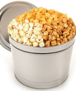 Send this delightful tin of popcorn that features three favorite varieties of popcorn - carmel popcorn, cheddar popcorn and kettle popcorn. 2 Gallon Tin of delicious popcorn. 