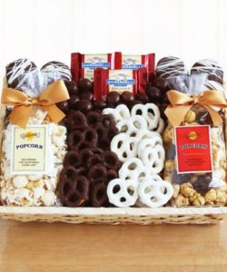 crunchy sweet snack gift basket - pretzels, popcorn, and chocolates