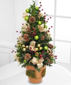 Natural Boxwood Tree with holly, pinecones and green ornament balls