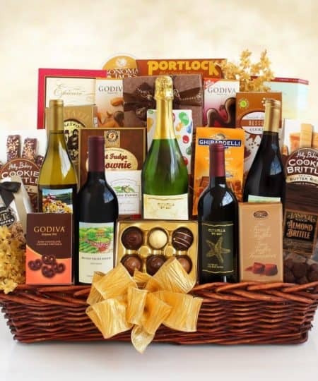 This absolutely magnificent basket makes a a grandeur and lasting impression. The basket comes with 5 bottles of California wine. Also included in this overwhelming array is Godiva chocolate, toffee, French truffles, Ghirardelli Squares, almonds, and a whole lot more. 